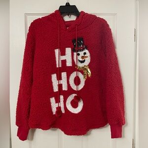 Chance or Fate Red Fleece Sequins Snowman HO HO HO Hoodie Jr. Large